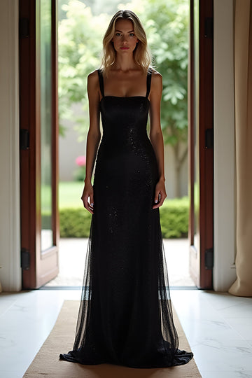 Robe longue de bal à bretelles spaghetti noir scintillant avec paillettes